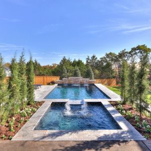 Backyard custom pool with hardscaping