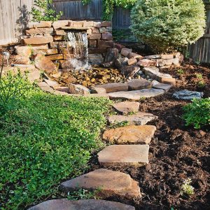 Backyard Water Feature with Landscaping & Paths