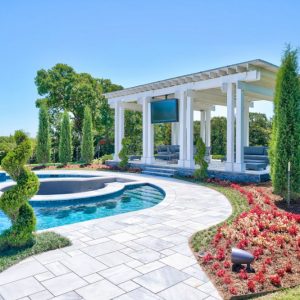 Pool and Pergola Landscaping with custom stone walkway designed for retired NFL IL Curtis Lofton