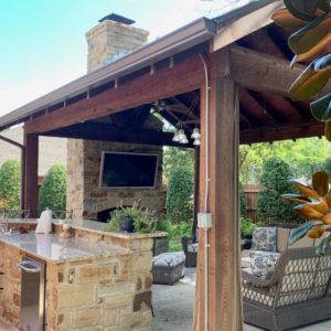 Custom Pavilion and Outdoor Fireplace with grill by Nelson Landscaping