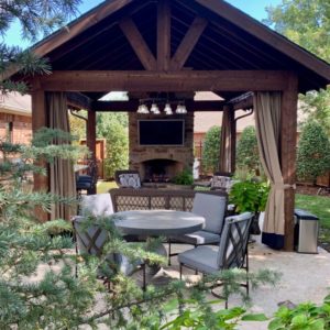 Custom Pavilion and Outdoor Fireplace and Seating Area